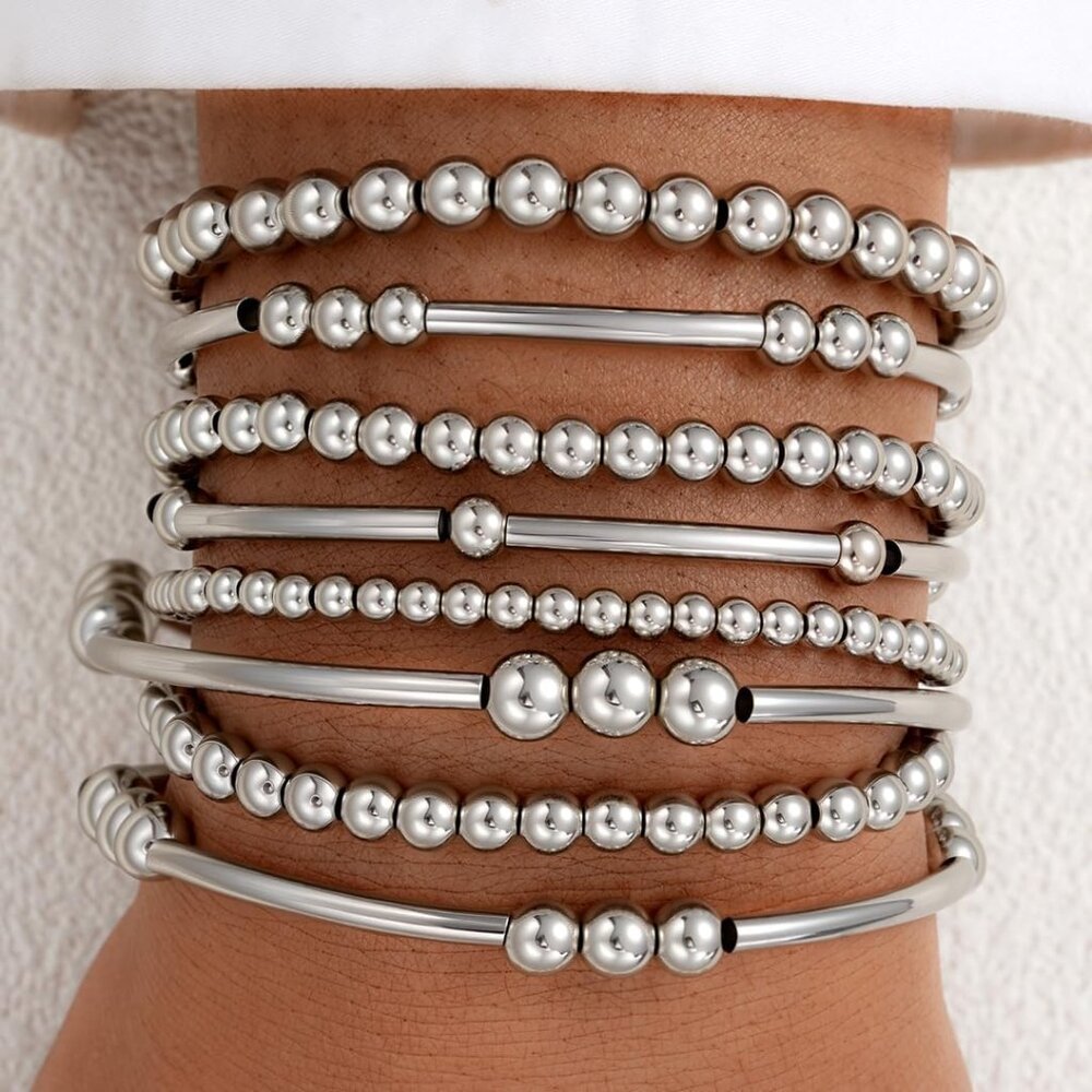 Versatile 8-Pc Silver Bangle Bracelet Set - Styli… - image 2